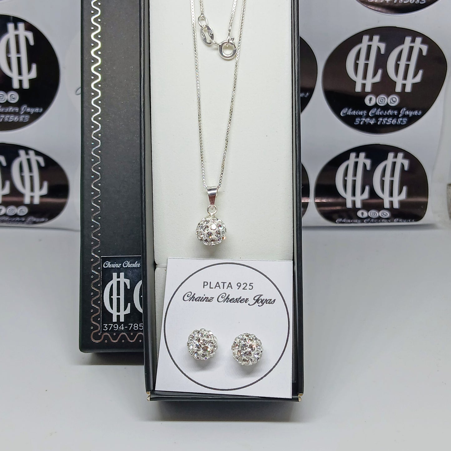 Collar - Set Elegante de Aros + cadena (Singapur) y dije Bolita - Plata925 - Dama.