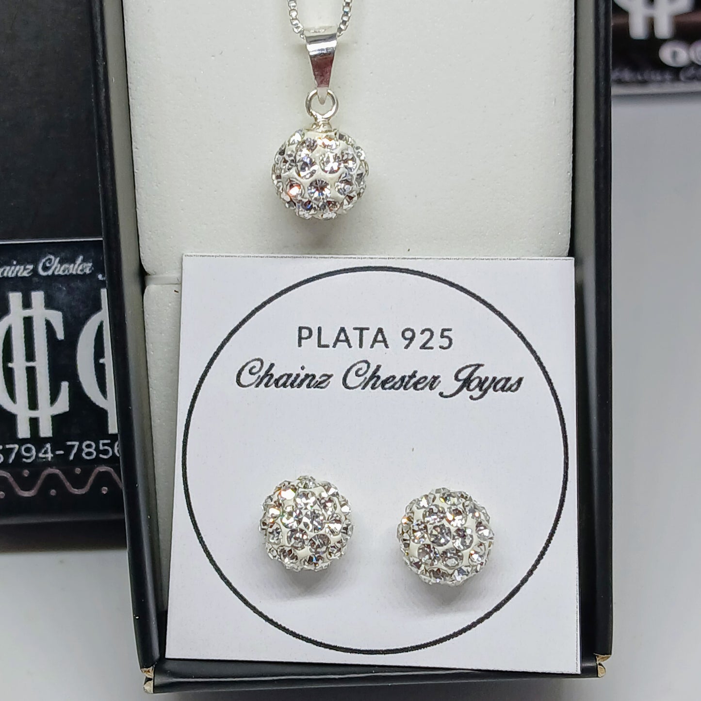 Collar - Set Elegante de Aros + cadena (Singapur) y dije Bolita - Plata925 - Dama.