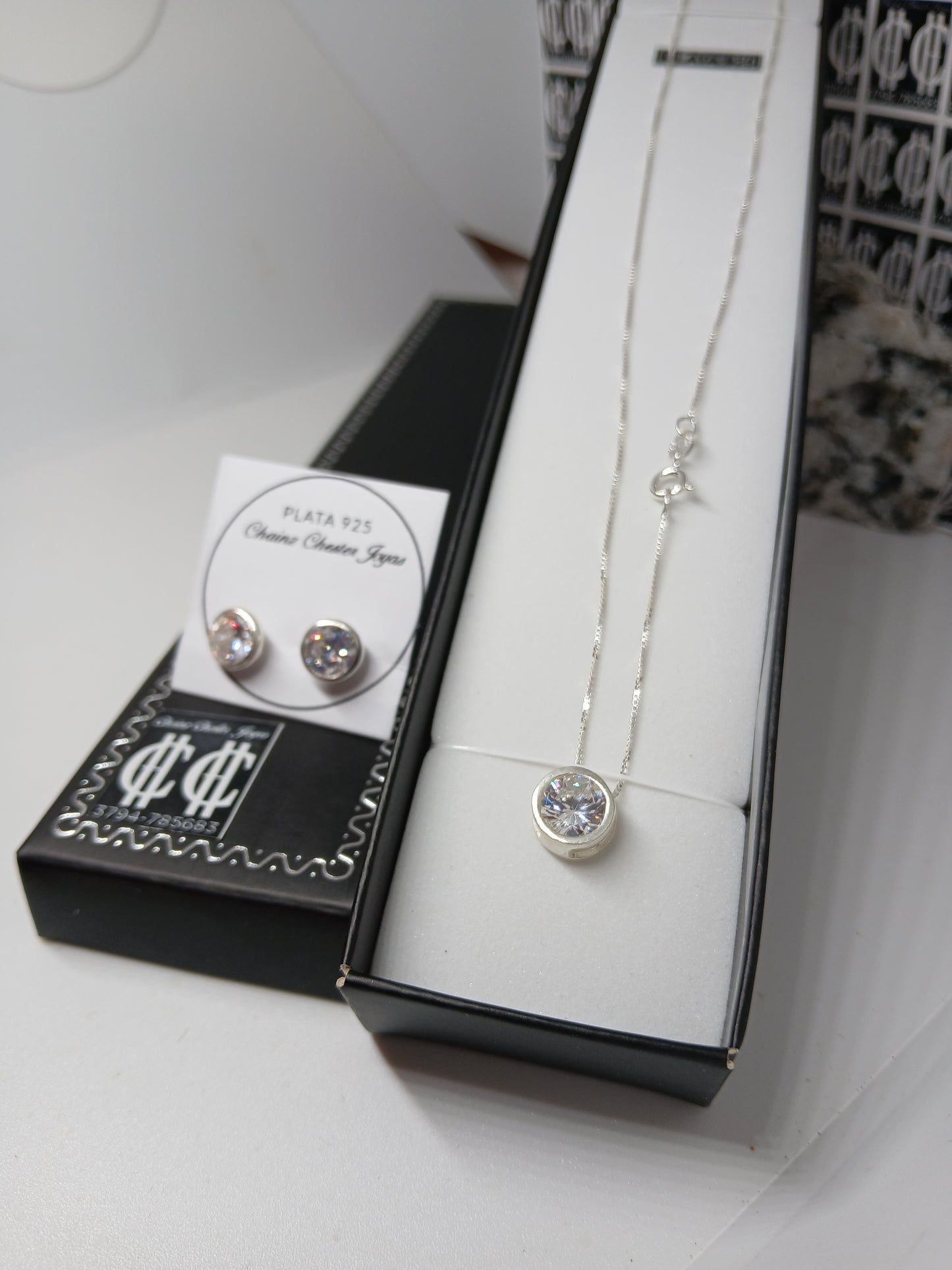 Collar - Set Susano - Aros + cadena (veneciana) y dije - Plata925 - Dama.