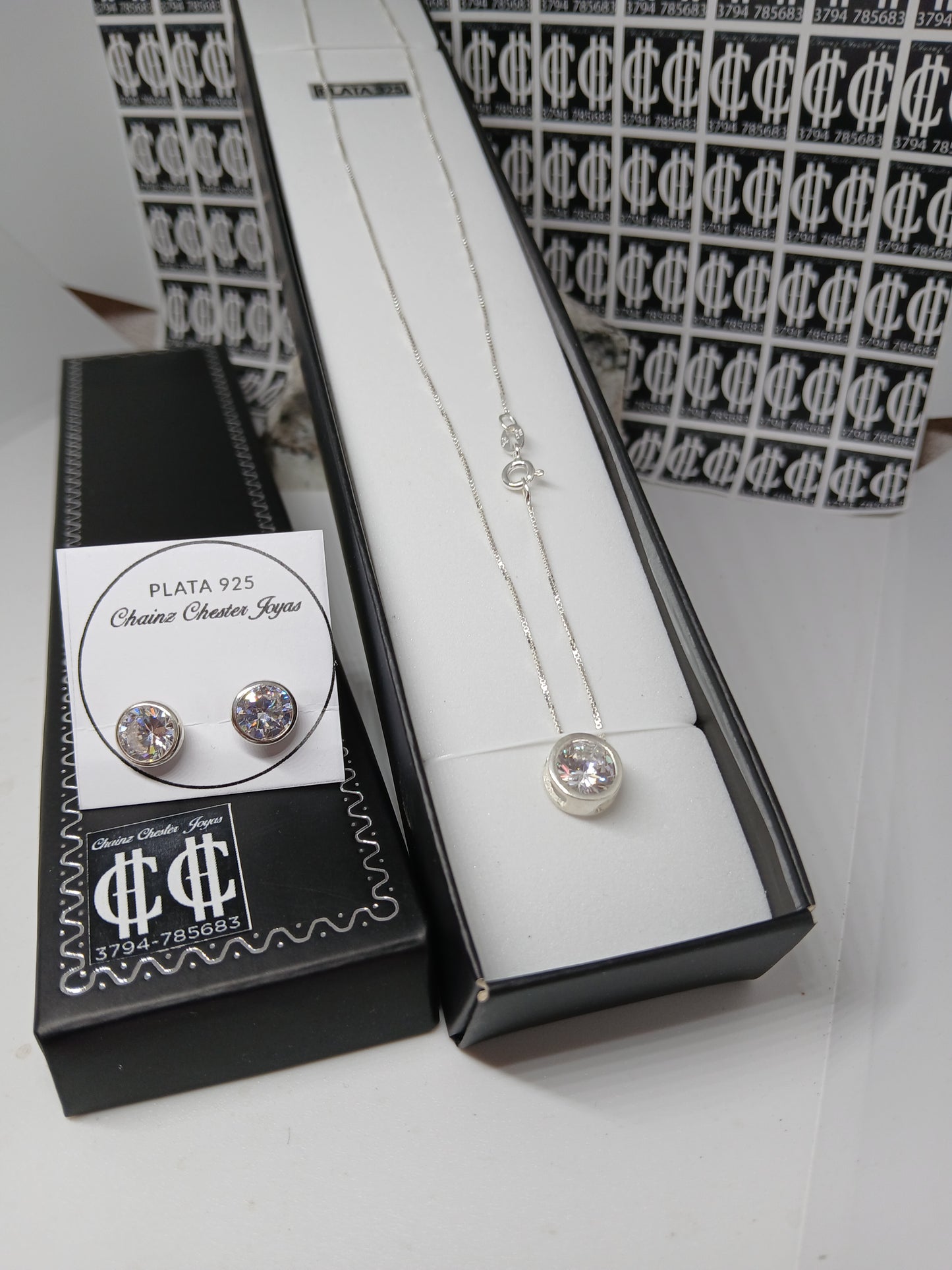 Collar - Set Susano - Aros + cadena (veneciana) y dije - Plata925 - Dama.