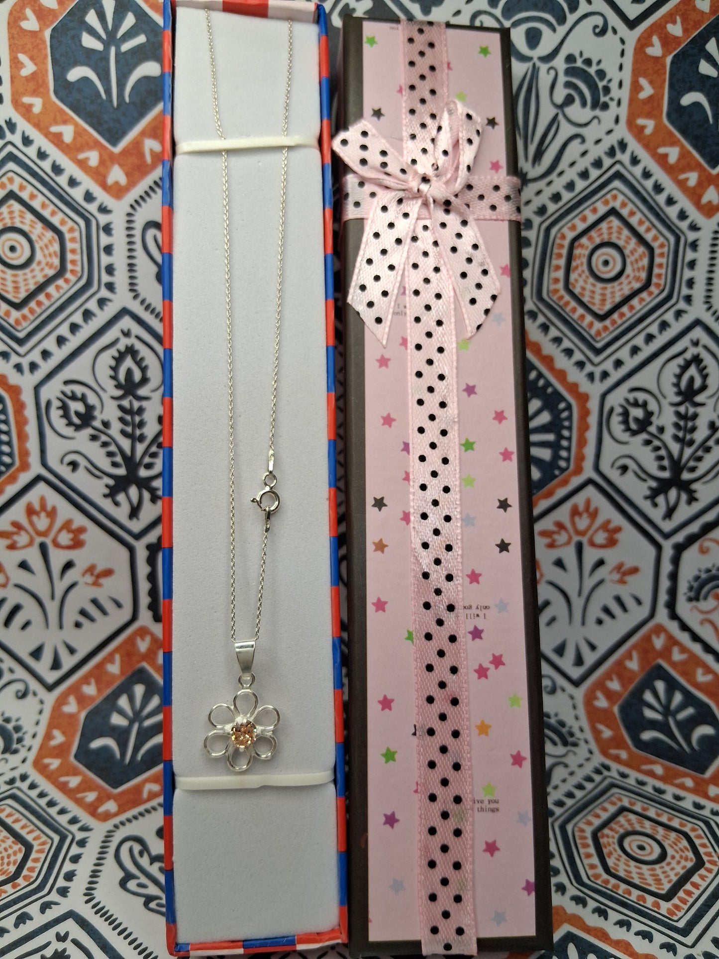 Collar - Cadena y Dije Flor (Ambar) - 45 Cms - Plata925.