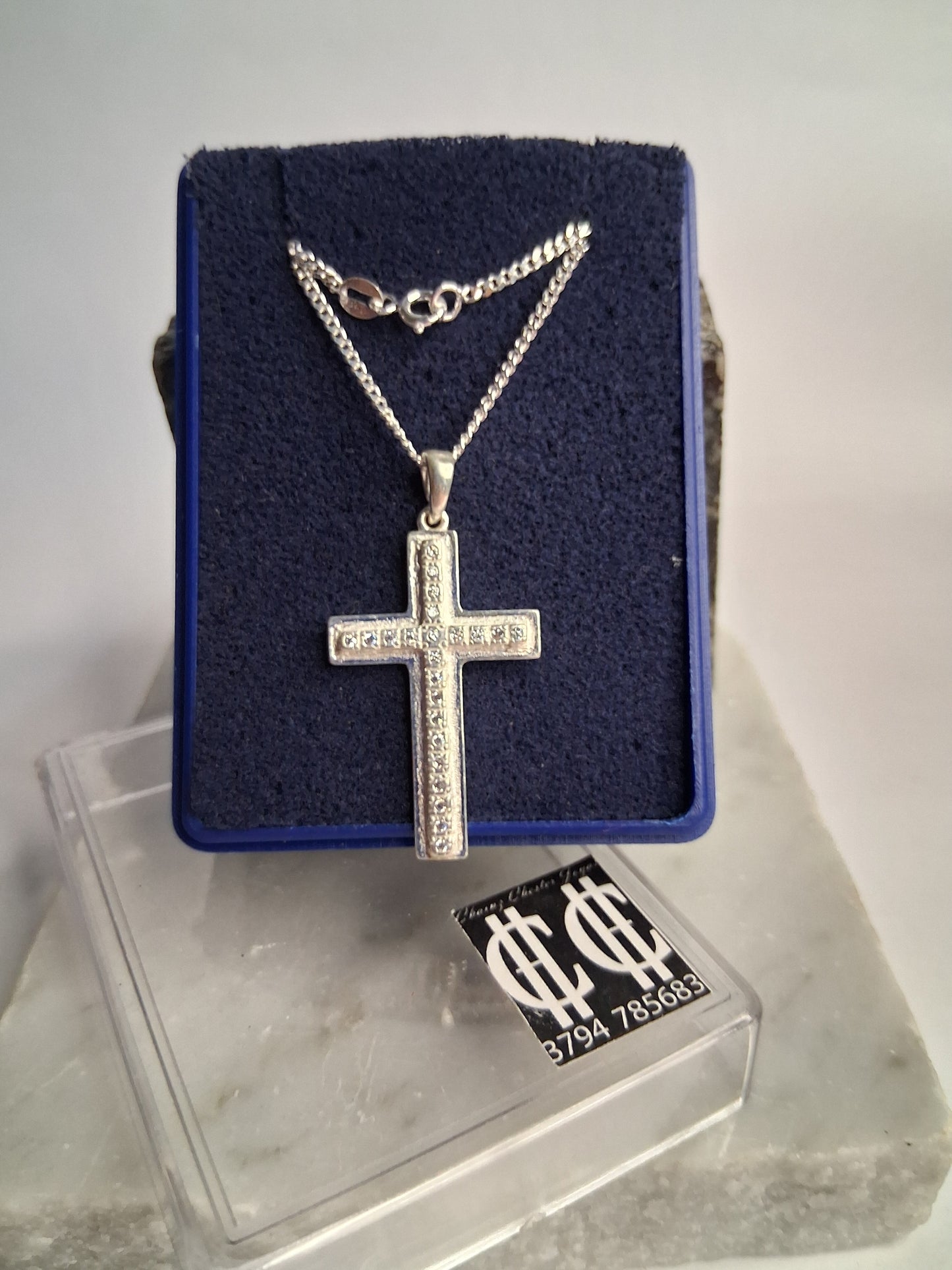 Collar - Cadena Diamantada x 60 cms - Cruz con piedras blancas - Plata925 - Caballero.