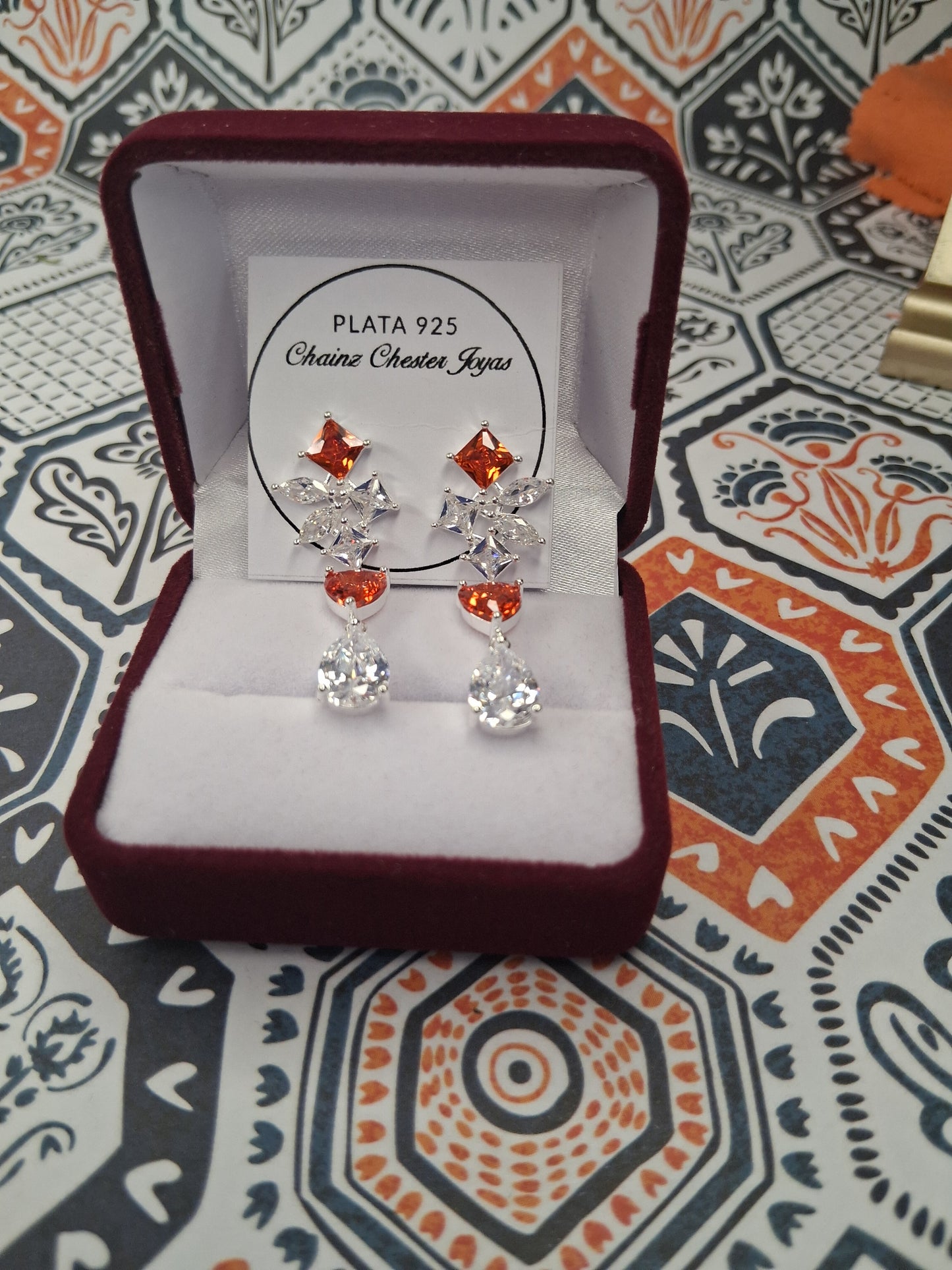 Aros - Pendientes con piedras Naranjas y Blancas - Plata925 - Dama.
