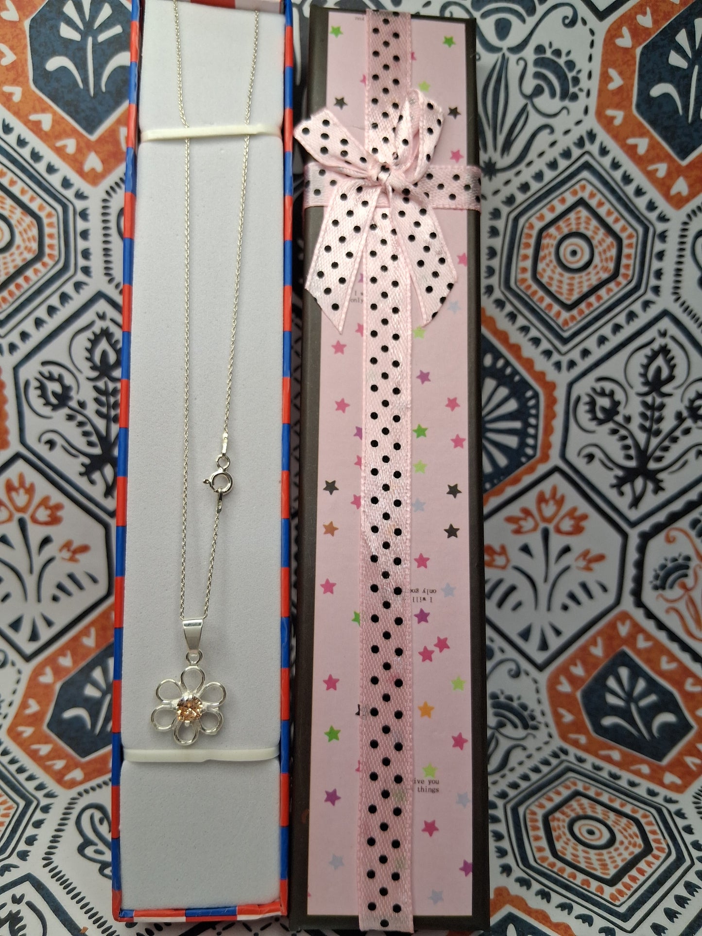 Collar - Cadena y Dije Flor (Ambar) - 45 Cms - Plata925.