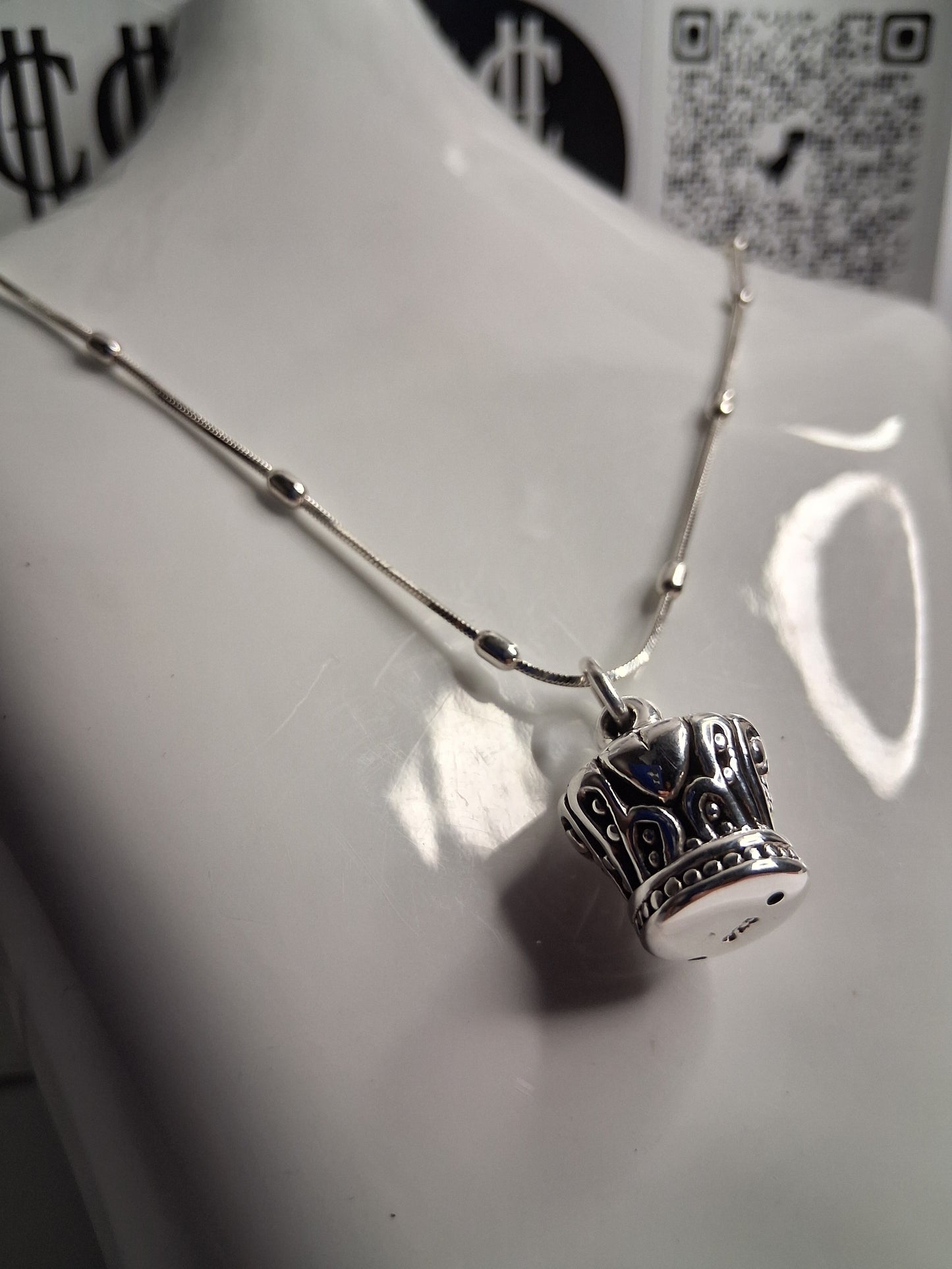 Collar - Cadena con Bolitas de arroz x 45 cm - Dije Corona - Plata925 - Dama.
