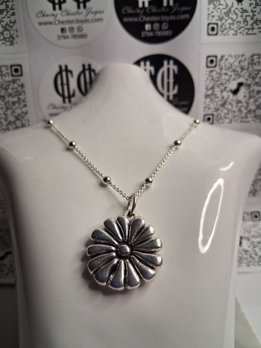 Collar - Cadena con Bolitas x 50 cm - Flor (Plata Inflada) - Plata925.