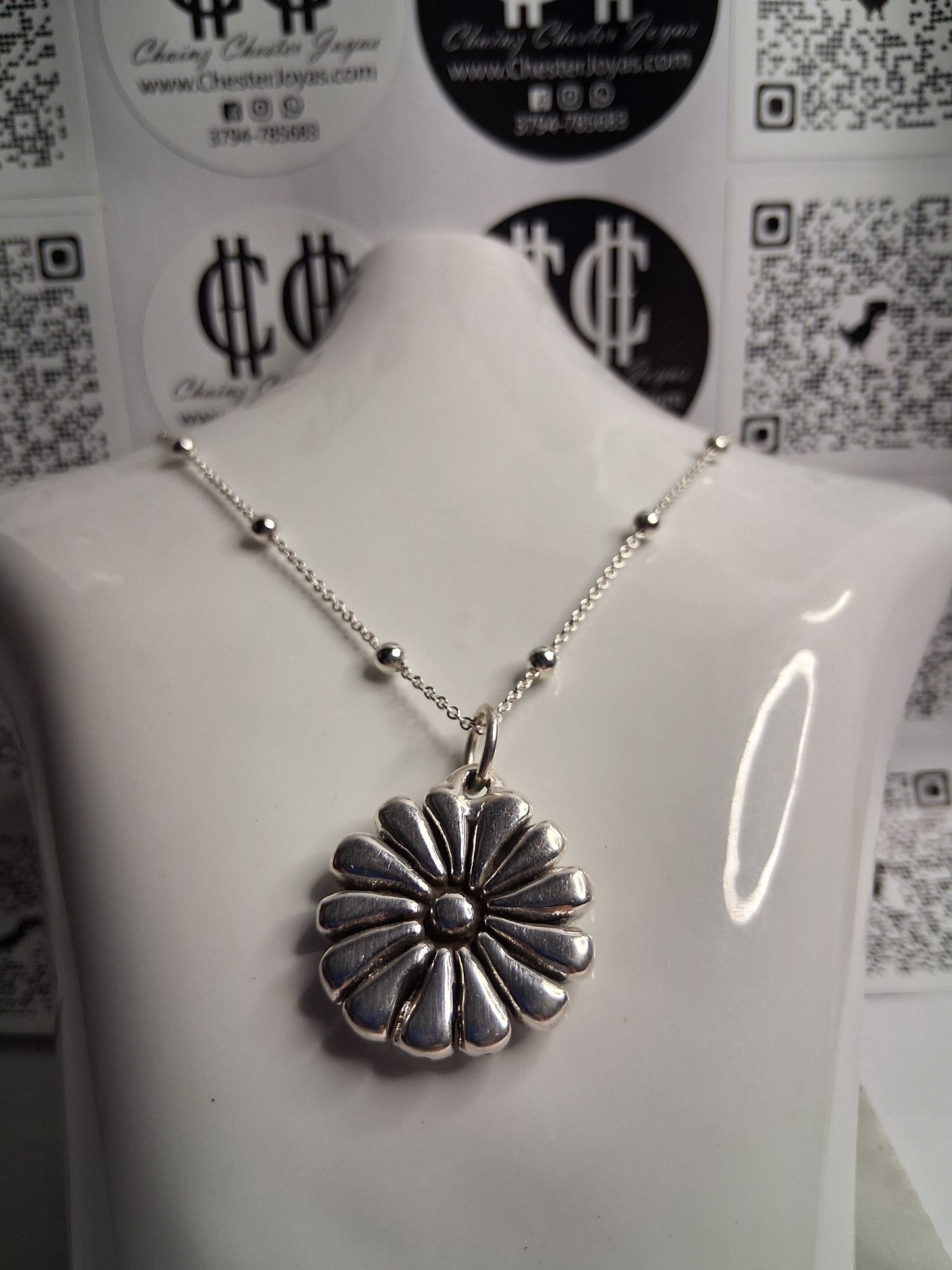 Collar - Cadena con Bolitas x 50 cm - Flor (Plata Inflada) - Plata925.