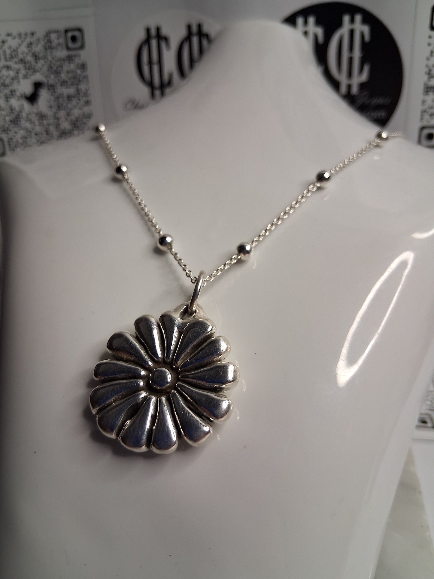 Collar - Cadena con Bolitas x 50 cm - Flor (Plata Inflada) - Plata925.