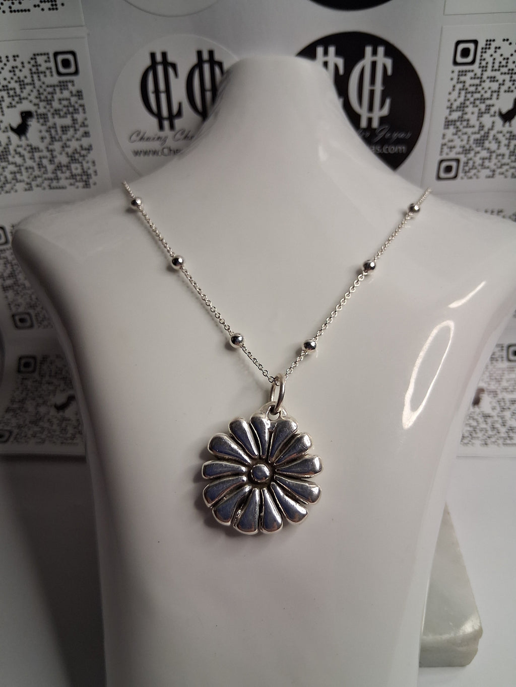 Collar - Cadena con Bolitas x 50 cm - Flor (Plata Inflada) - Plata925.