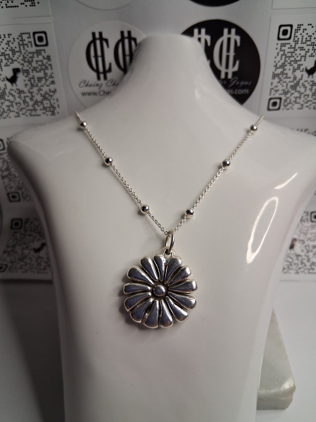 Collar - Cadena con Bolitas x 50 cm - Flor (Plata Inflada) - Plata925.