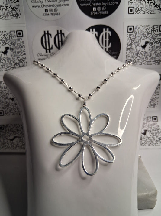 Collar - Cadena con Bolitas x 60 cm - Dije Flor Grande - Plata925.
