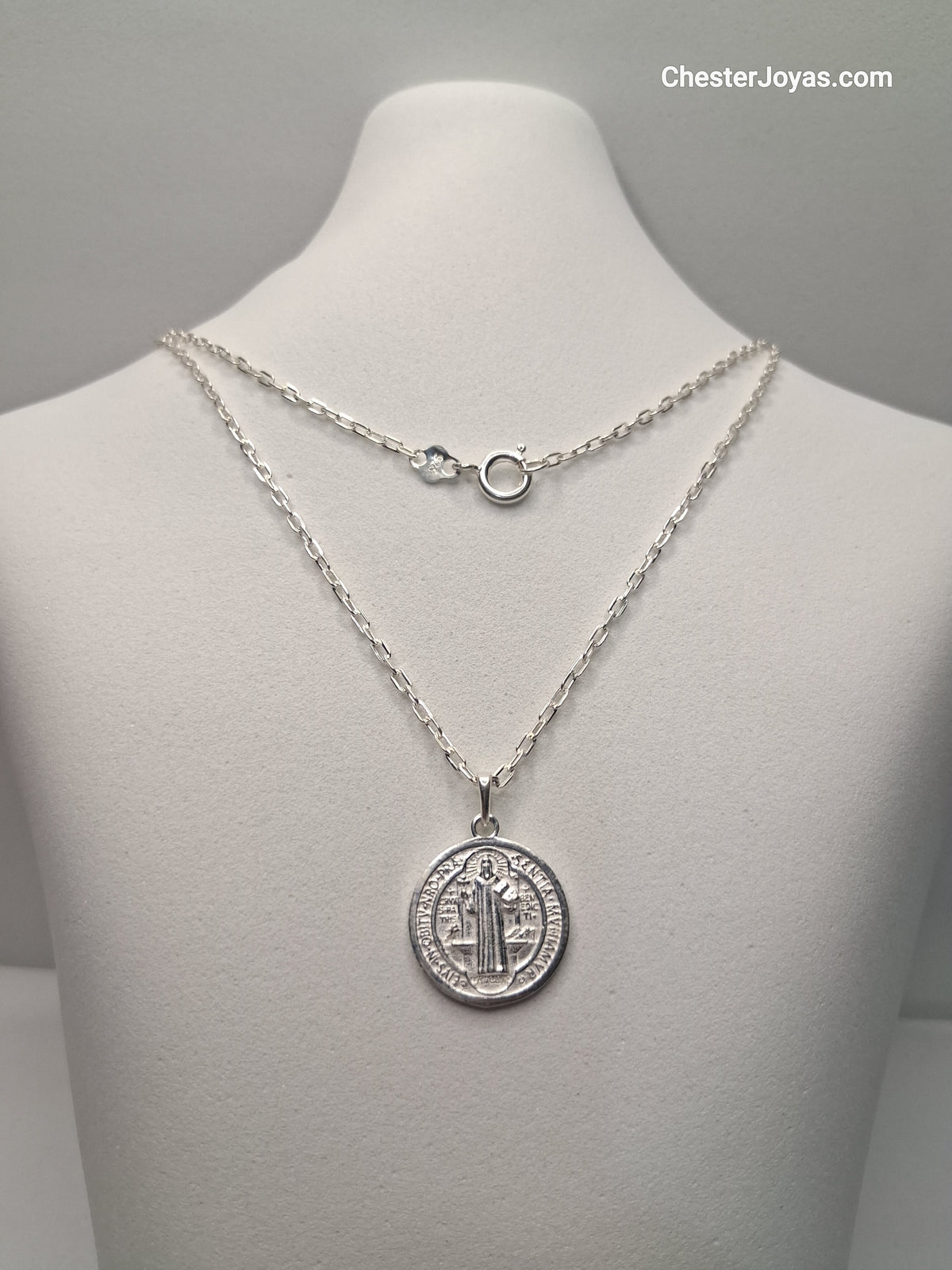 Collar Cadena Mini Forcet x 60 cm Plata 925 con Dije San Benito - Caballero