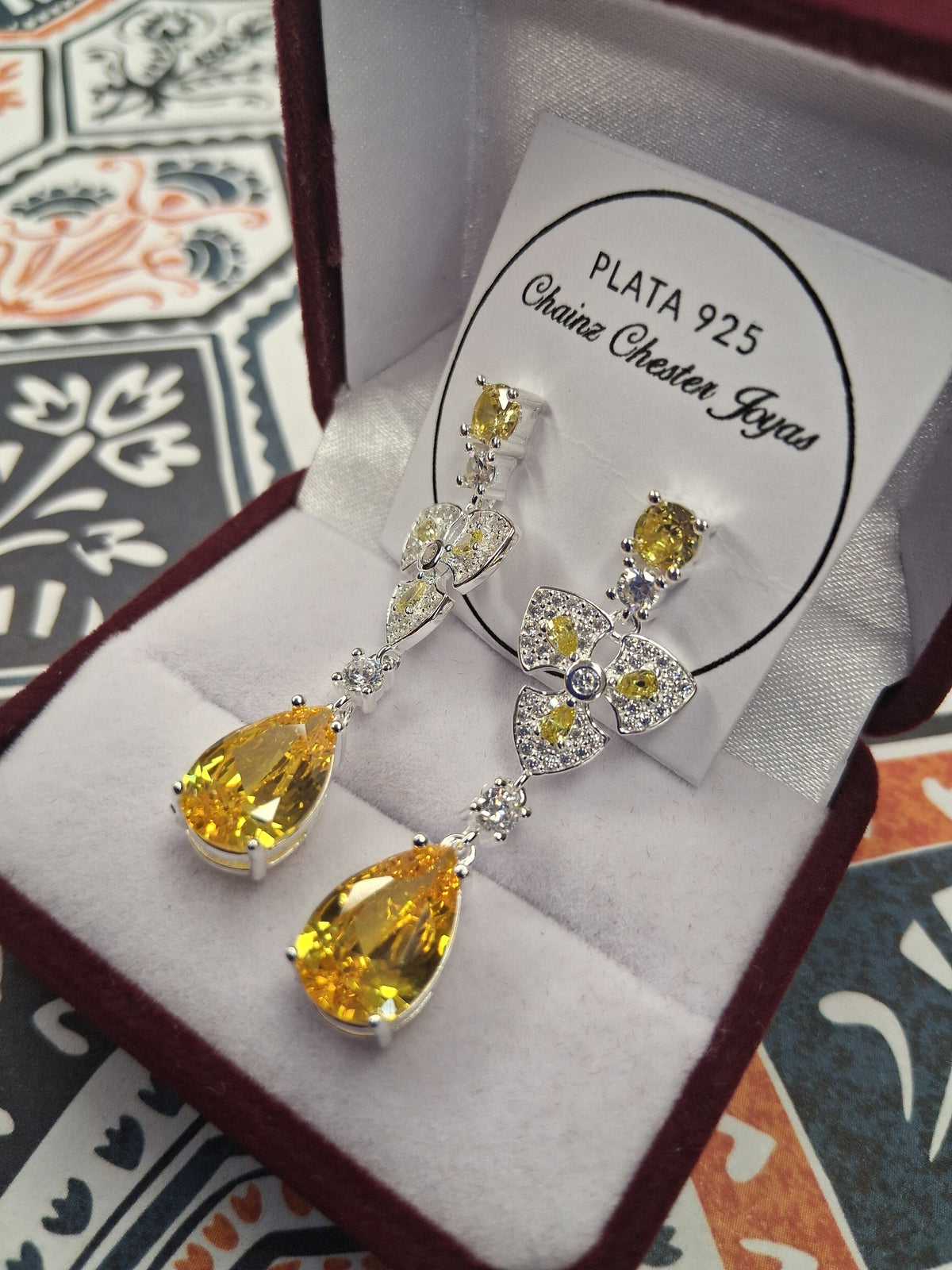 Aros Colgantes Florales con Piedras Amarillas y Blancas Plata925 - Dama