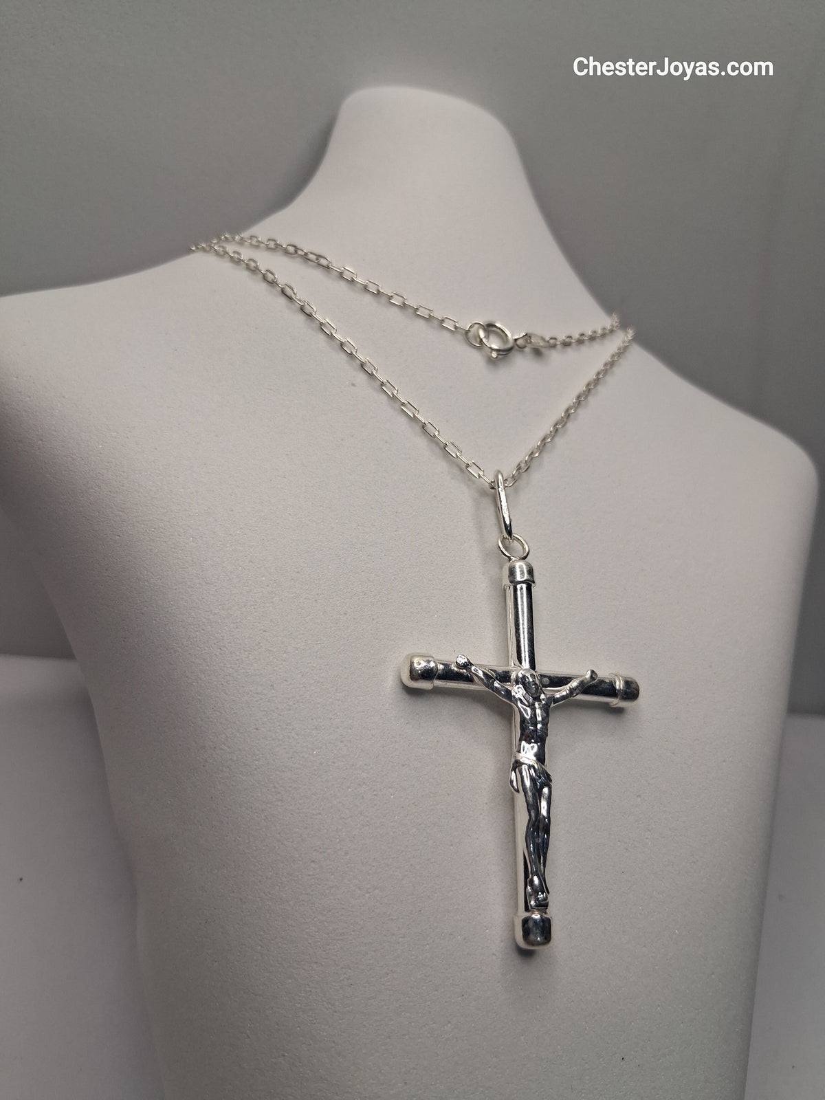 Collar Cadena Mini Forcet x 60 cm Plata 925 con Dije Cruz Grande - Caballero
