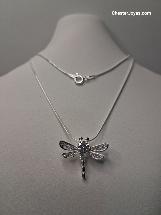 Collar - Libélula con Brillo Cadena Cola de Rata x 45 Cms – Plata 925 - Dama.