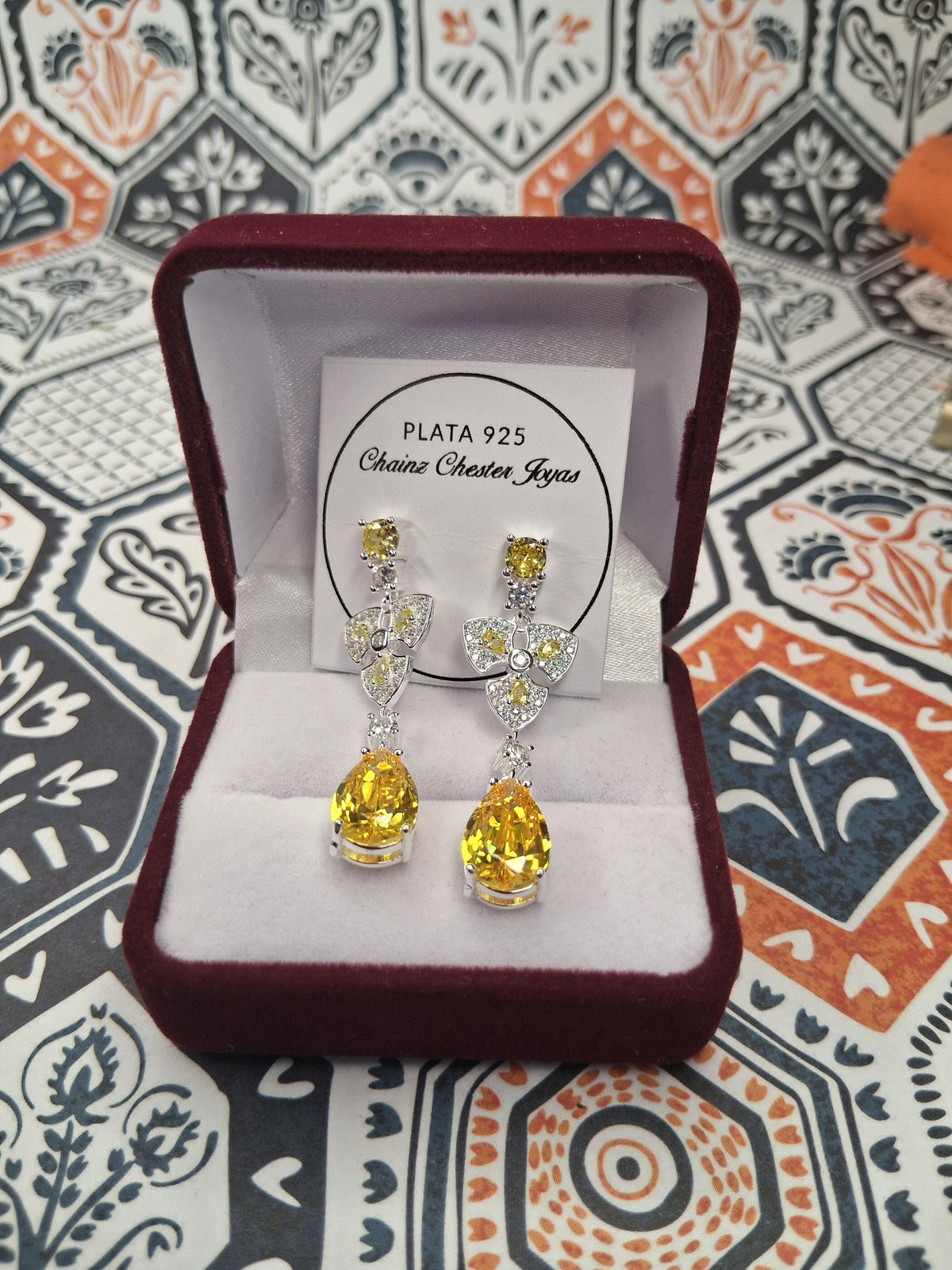 Aros Colgantes Florales con Piedras Amarillas y Blancas Plata925 - Dama