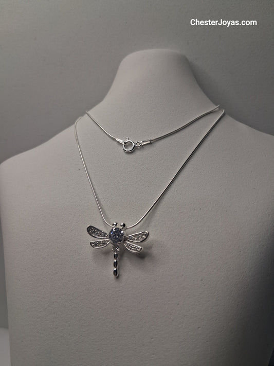 Collar - Libélula con Brillo Cadena Cola de Ratón x 50 Cms – Plata 925 - Dama.