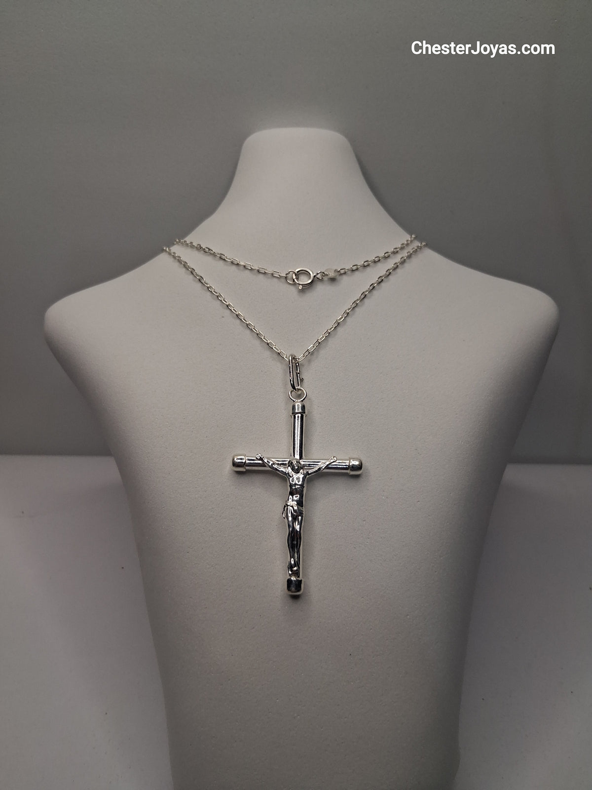 Collar Cadena Mini Forcet x 60 cm Plata 925 con Dije Cruz Grande - Caballero