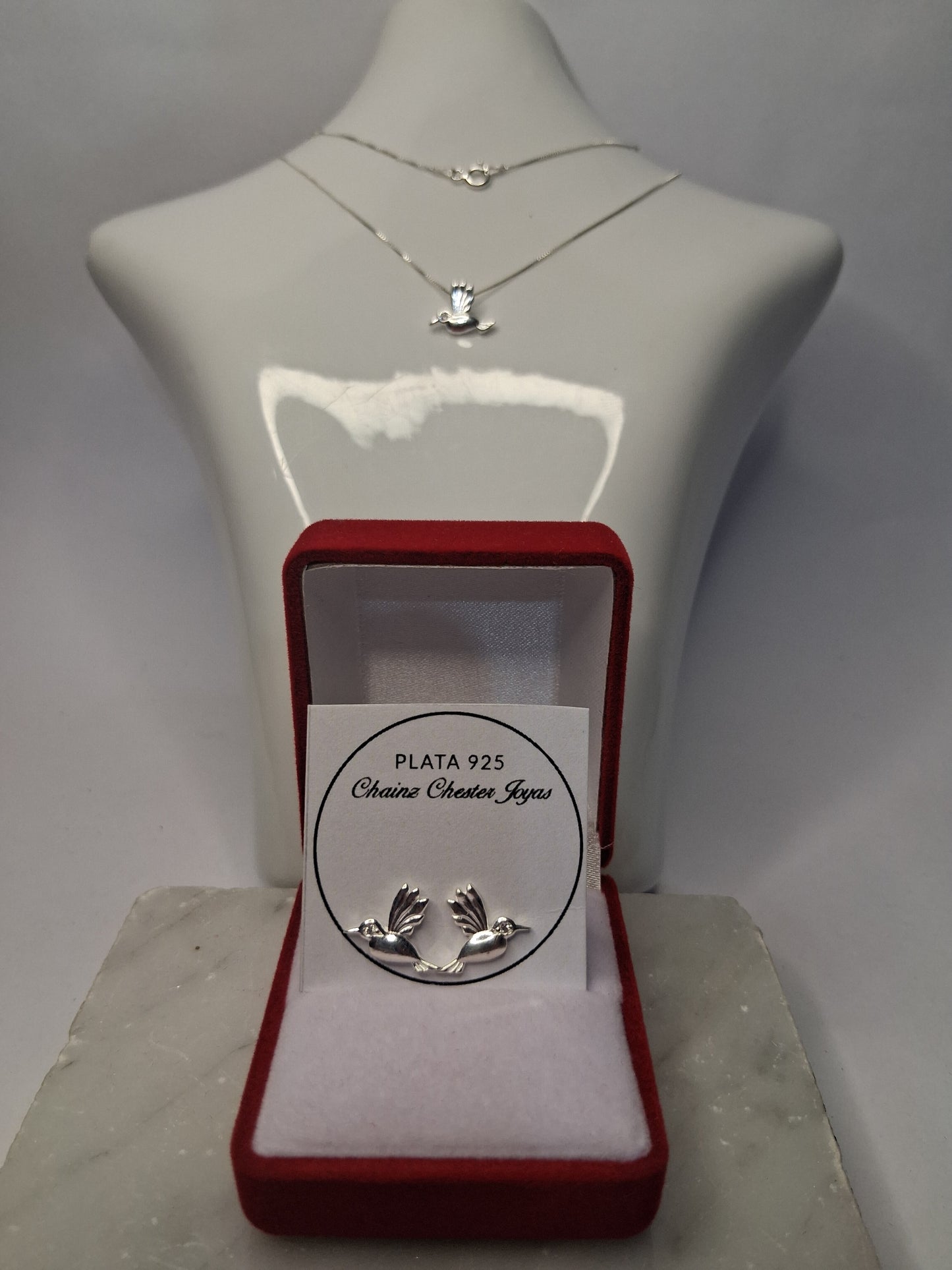Collar - Set Colibrí Cadena y Dije + Aros Pasantes (blanco) - Plata 925.