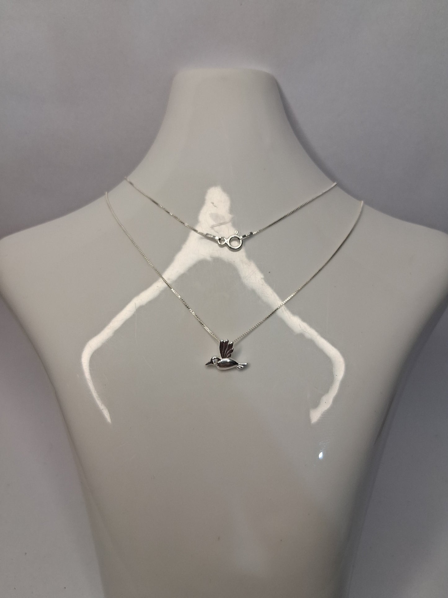 Collar - Cadena y Dije de Colibrí (blanco) - Plata 925.