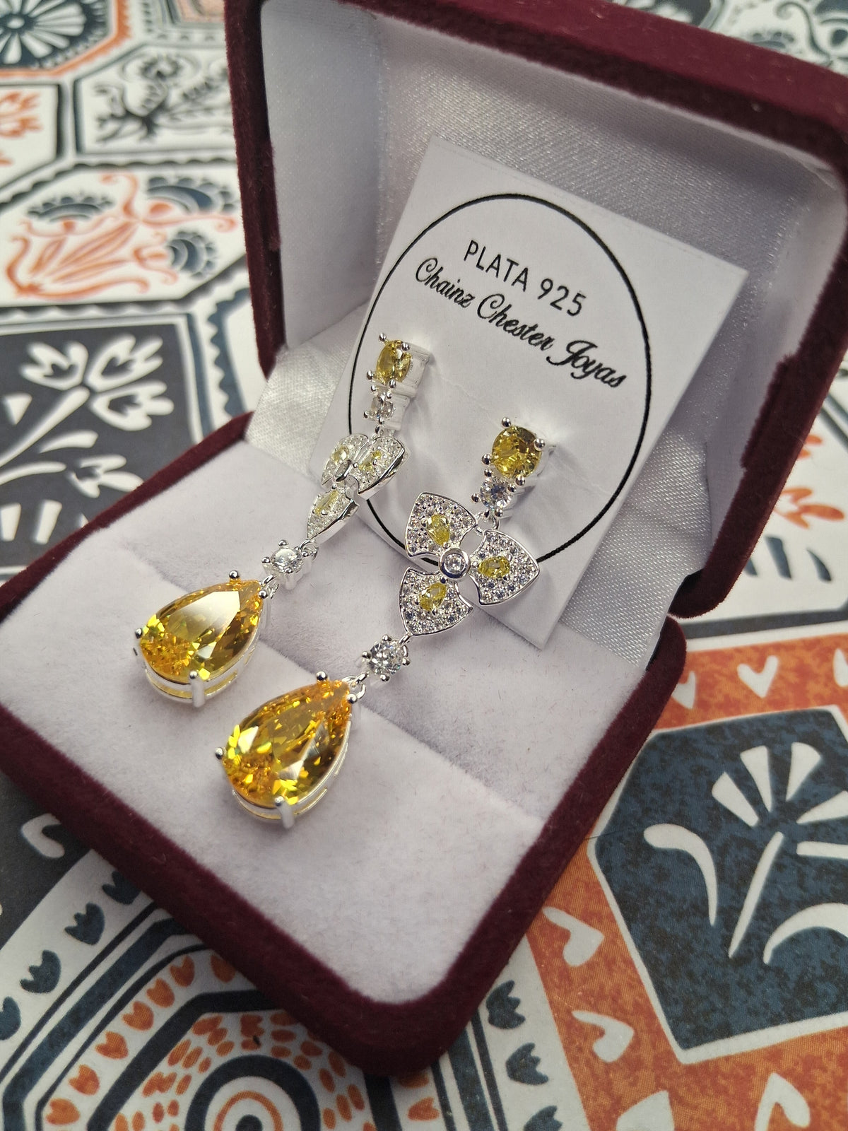 Aros Colgantes Florales con Piedras Amarillas y Blancas Plata925 - Dama