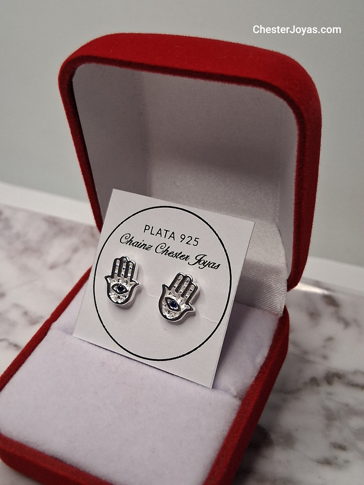 Aros - Pasantes Mano de Fátima con Piedras Blancas - Plata925