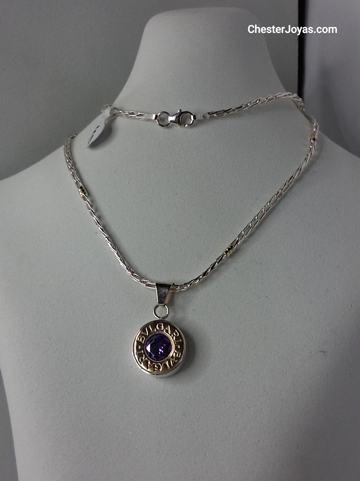 Collar -  Cadena Plata y Oro  x 45 cms - Dije BVLGARI (violeta) - Dama.