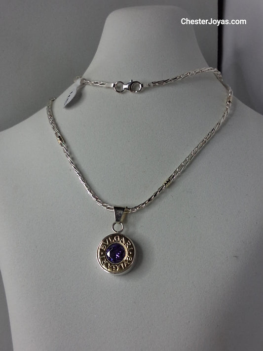 Collar -  Plata y Oro - x 45 cms - Dije BVLGARI (violeta) - Dama.