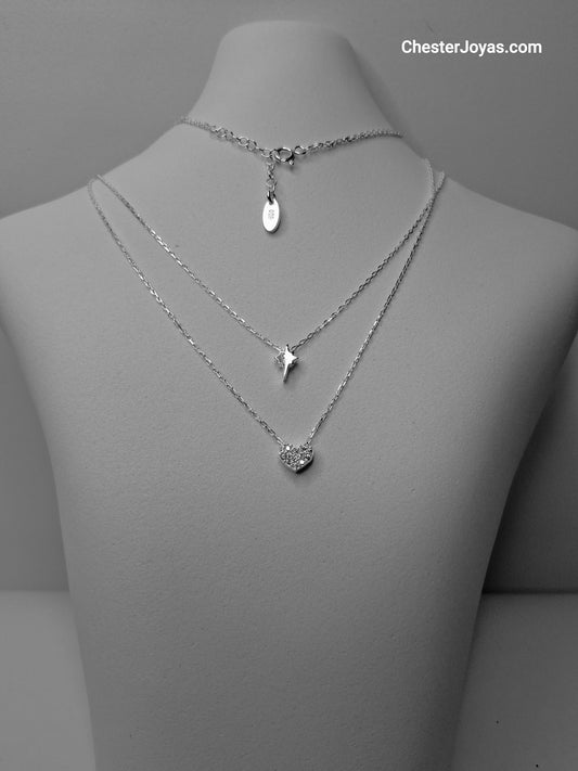 Collar - Corazón/Estrella doble Cadena - Plata925 - Dama.
