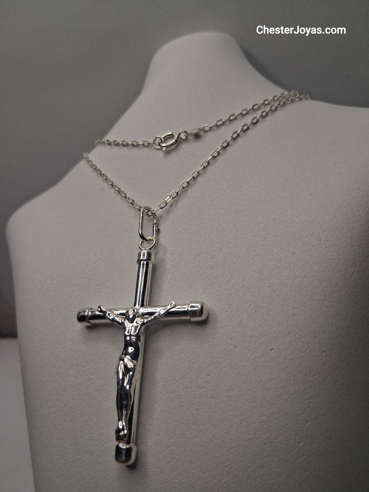 Collar Cadena Mini Forcet x 60 cm Plata 925 con Dije Cruz Grande - Caballero
