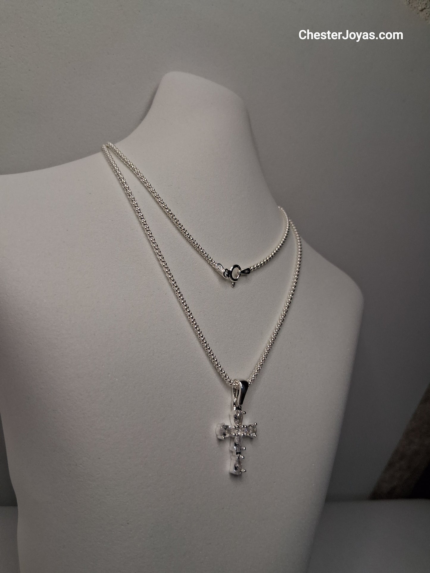 Collar - Cadena Coreana x 50 cm Cruz con Piedras blancas - Plata925.