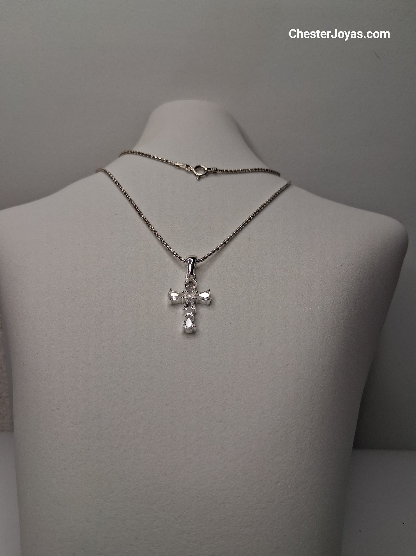 Collar - Cadena Coreana x 45 cm Cruz con Piedras blancas - Plata925.
