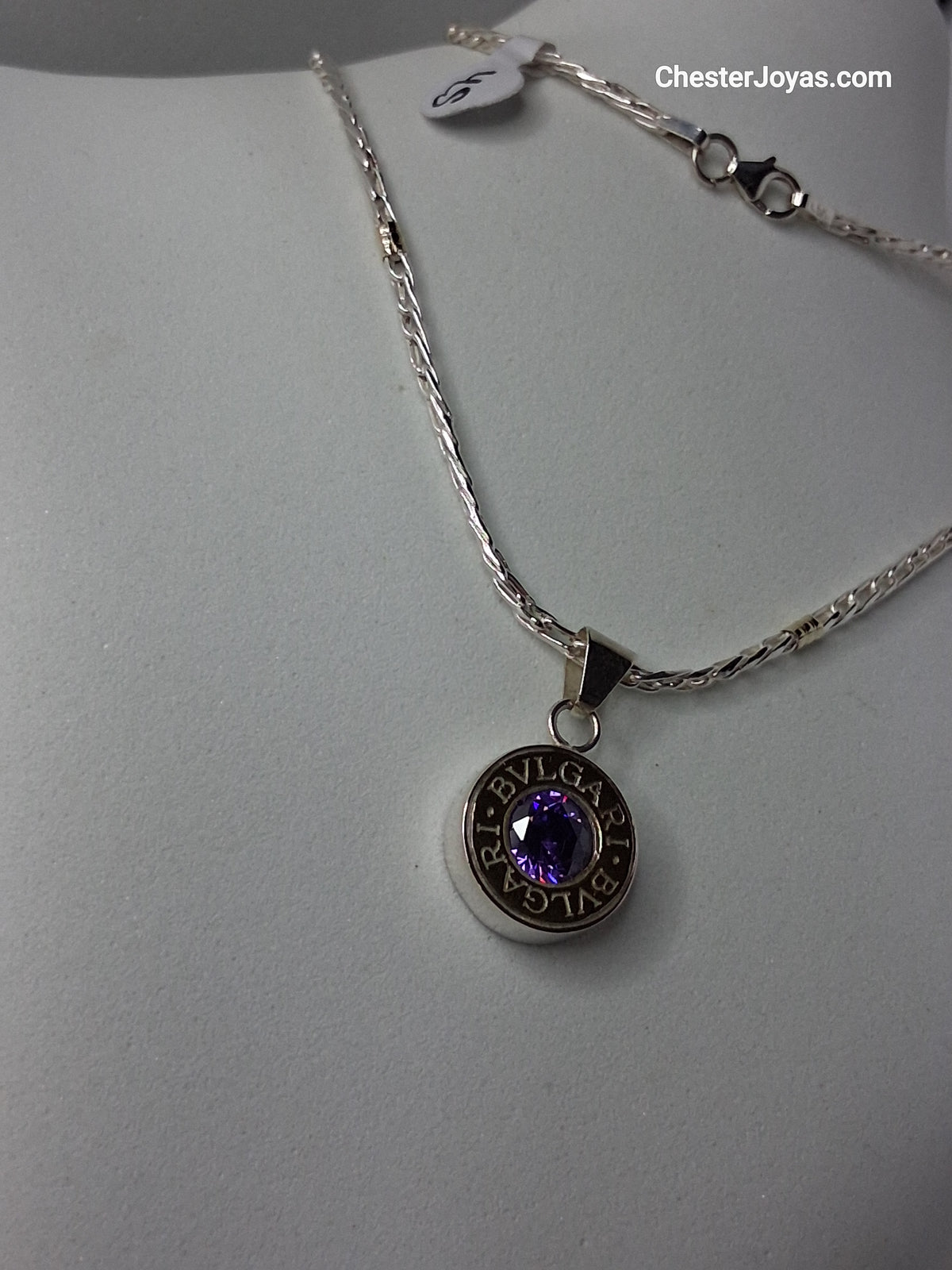 Collar -  Cadena Plata y Oro  x 45 cms - Dije BVLGARI (violeta) - Dama.