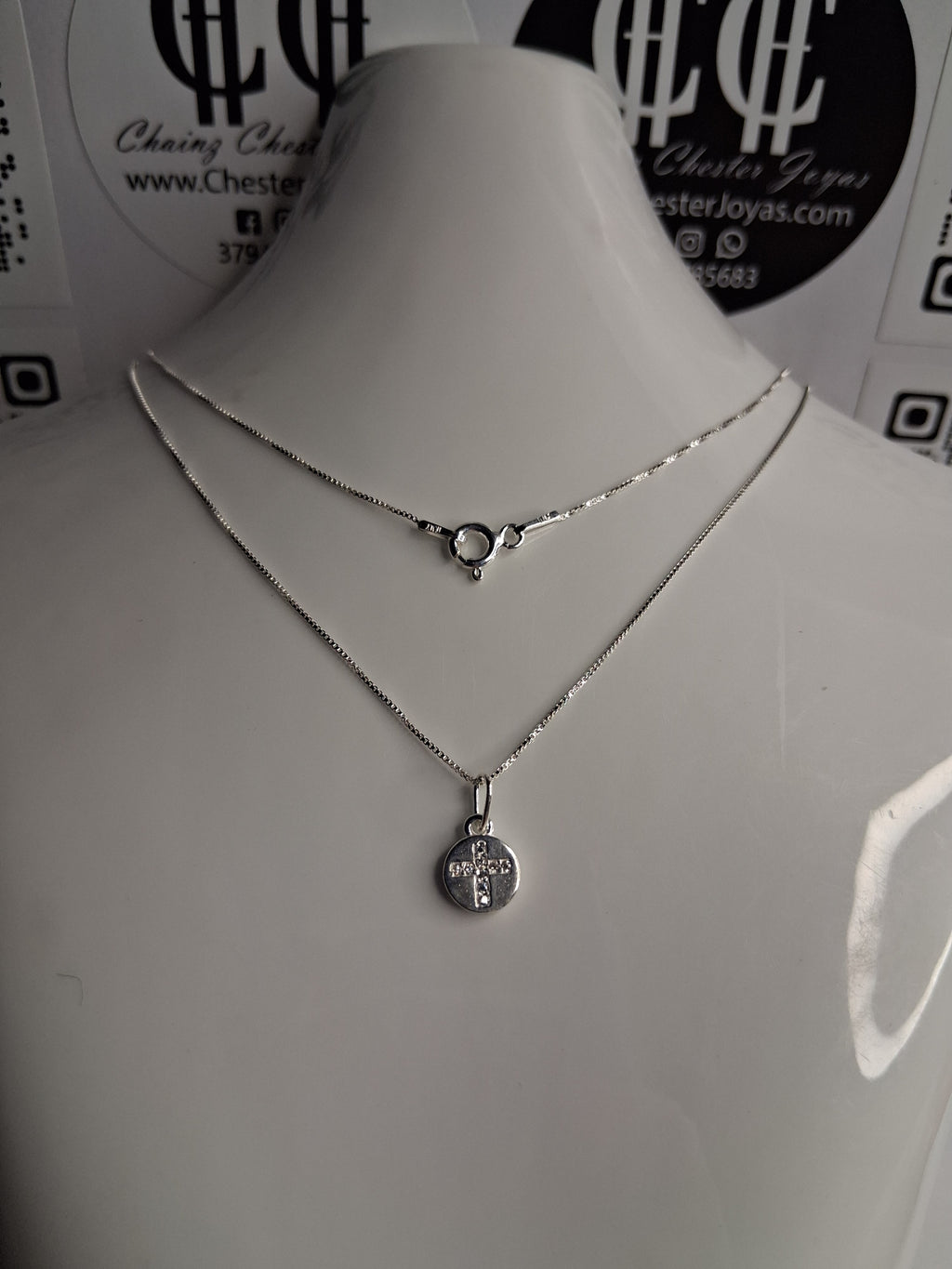 Collar - Cadena Veneciana 40,45 y 50 cm -Dije redondo Cruz c Piedras - Plata 925- Dama.