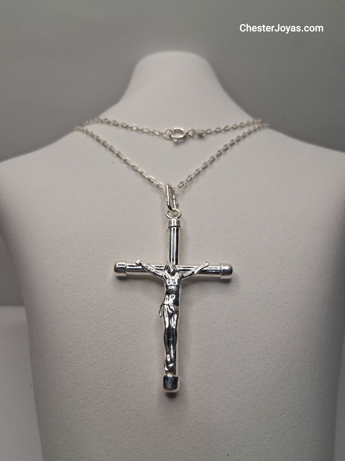 Collar Cadena Mini Forcet x 60 cm Plata 925 con Dije Cruz Grande - Caballero