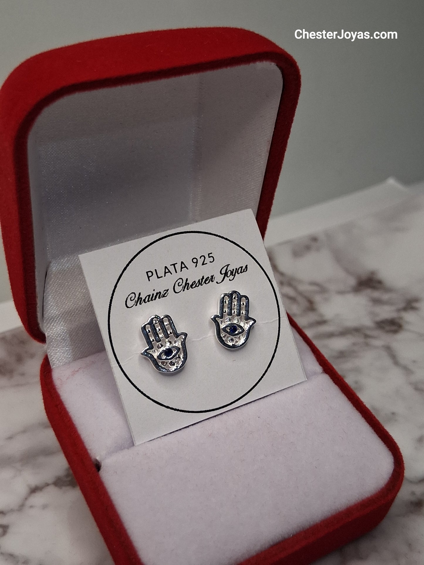 Aros - Pasantes Mano de Fátima con Piedras Blancas - Plata925