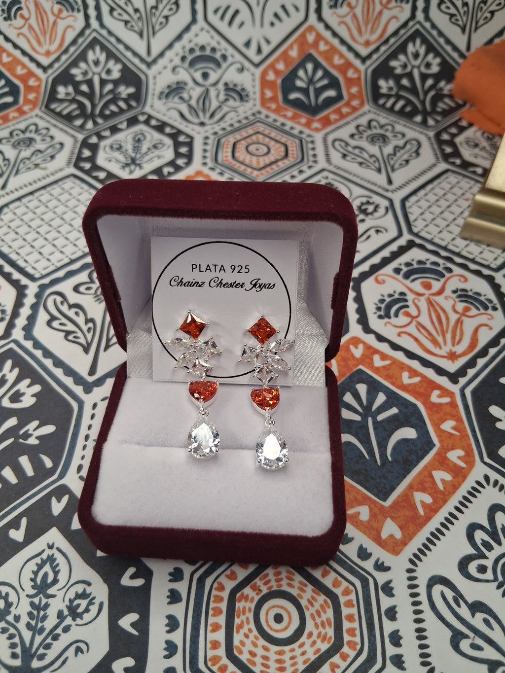 Aros - Pendientes con piedras Naranjas y Blancas - Plata925 - Dama.