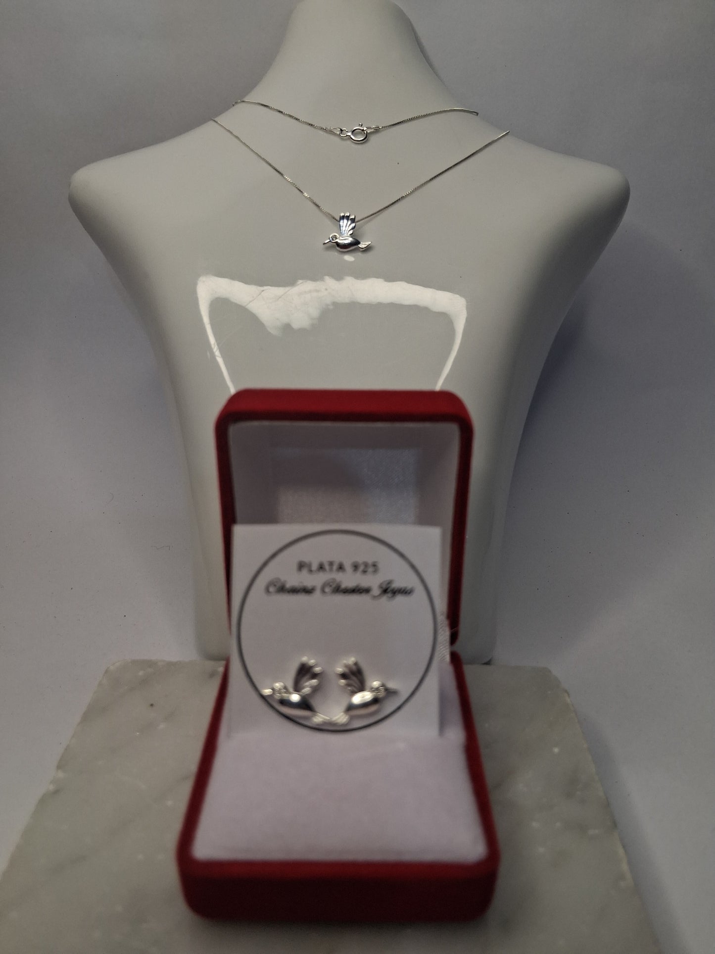 Collar - Set Colibrí Cadena y Dije + Aros Pasantes (blanco) - Plata 925.