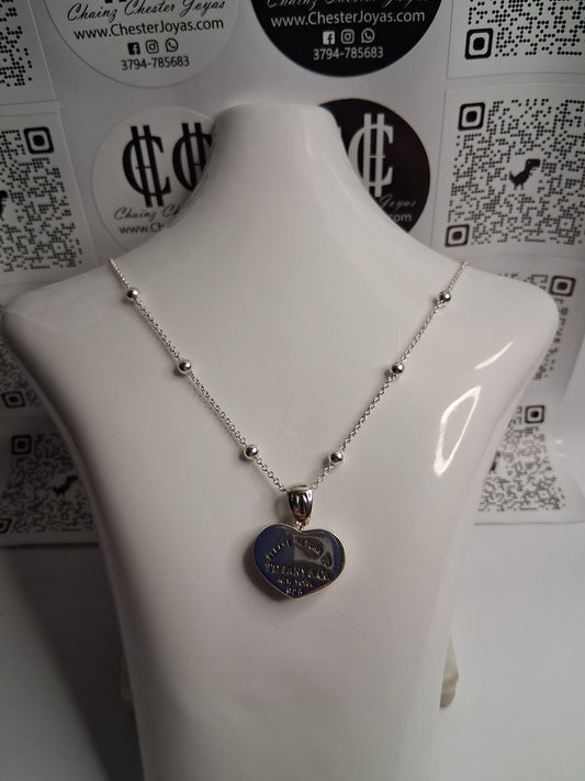 Collar - Cadena con Bolitas x 50 cm - Dije TIFFANY - Plata925 - Dama.
